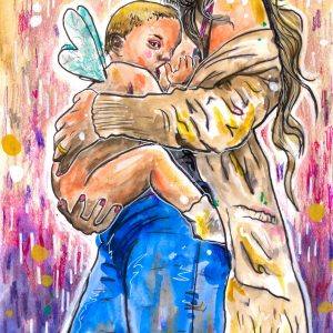 Madre amamantando a su bebé con alas