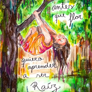 Niña sujetándose a un árbol y riendo