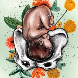 Bebé boca abajo naciendo