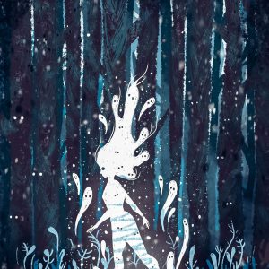 Chica fantasma caminando por el bosque azul