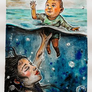 Madre salvando a su bebé para que no se ahogue