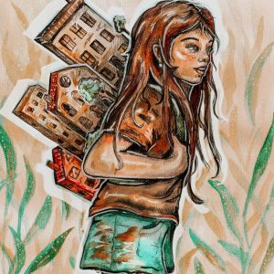 Una mujer con una mochila hecha de edificios