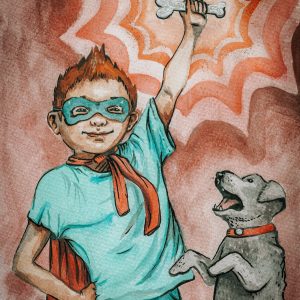 Niño sujetando un hueso como si fuese un superhéroe con su perro